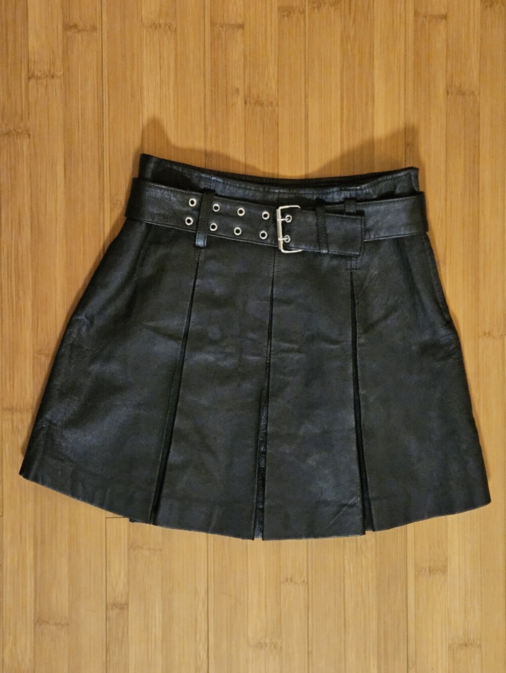 Genuine Leather Black M.G.R. Vintage Pleated Lined Skirt With Belt